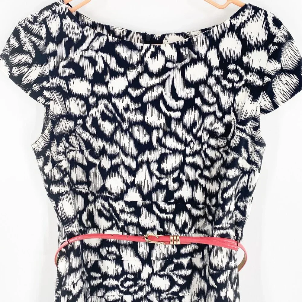 ALYX dress Black & White Pattern Belted Sheath Dress Zippered Back Size 10 - Picture 2 of 7